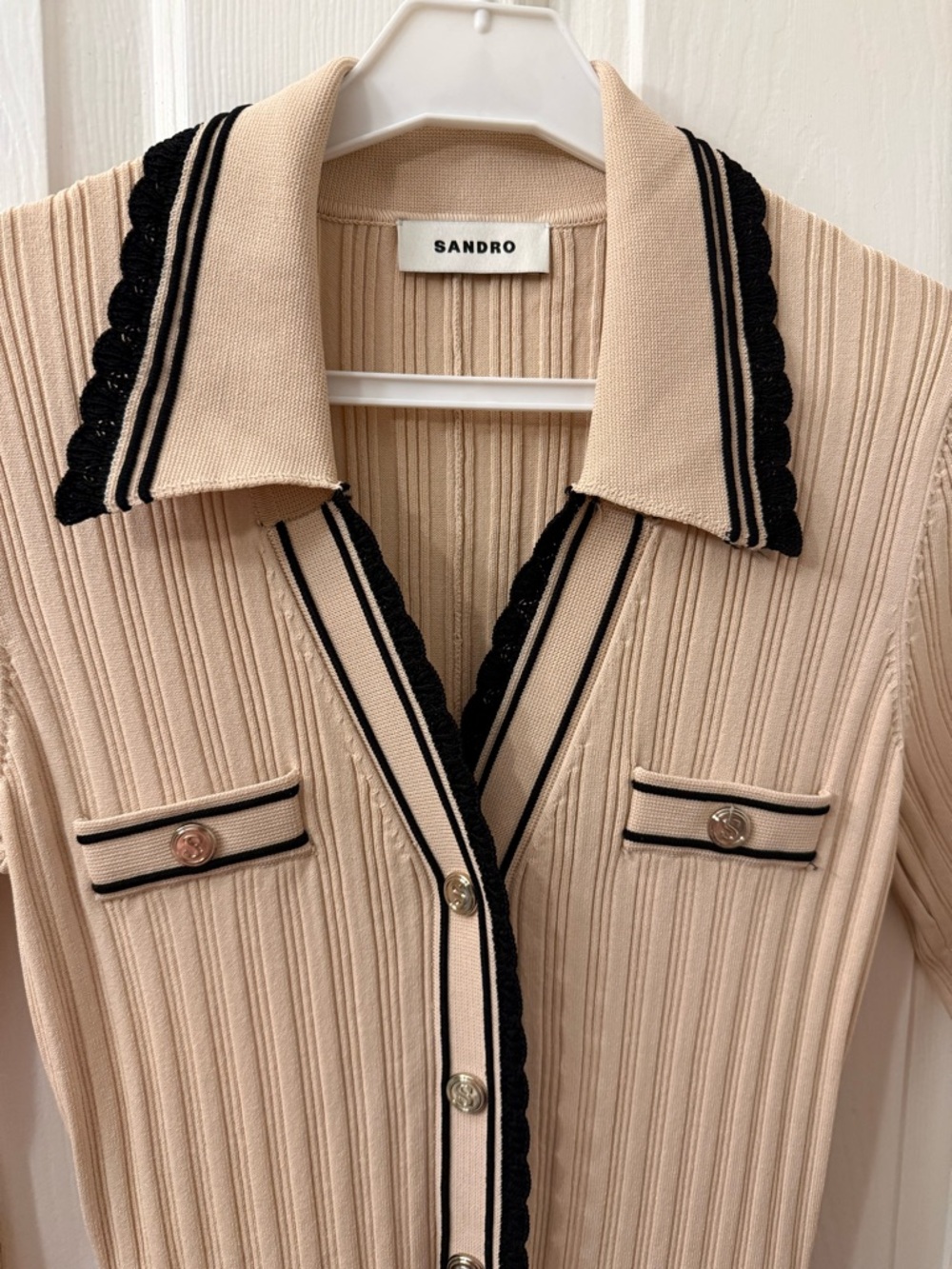 Sandro Alexandrine ribbed knitted button-front midi dress in beige - Picture 7 of 11